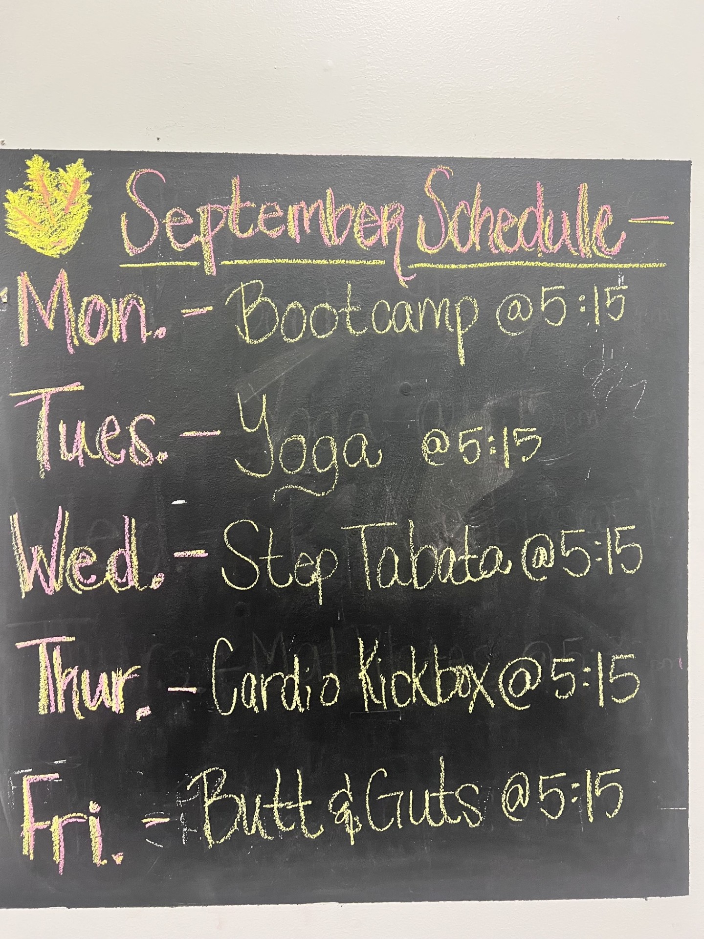 TK Fitness September class schedule board